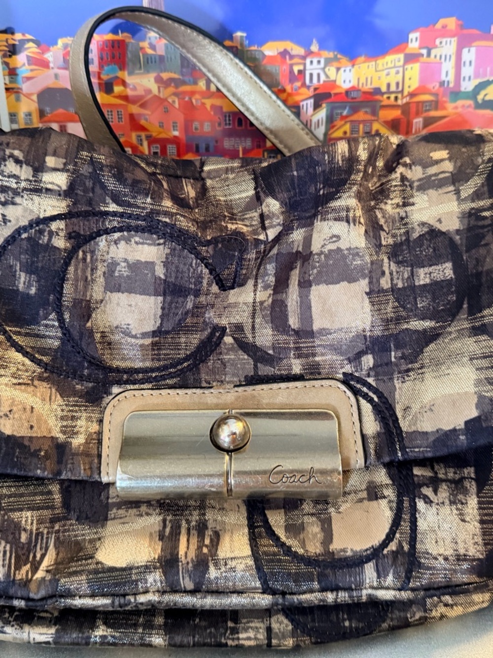 Coach Signature Shoulder Bag in Black and Beige with Gold-Tone Turn Lock